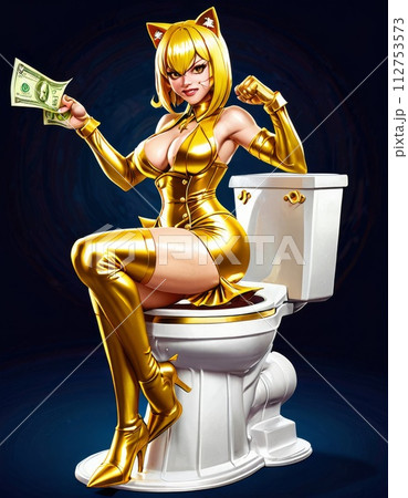 AI-generated content. Golden Catwoman with Cash on Toilet 112753573