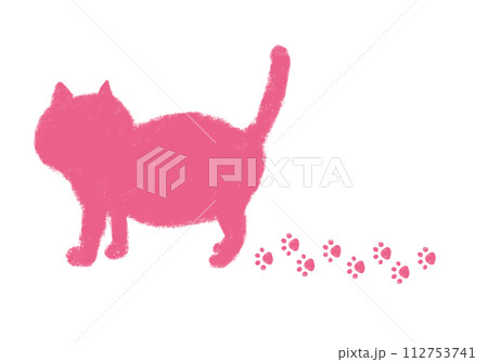 歩く猫のシルエット 足跡 クレヨンタッチ　ピンク 112753741