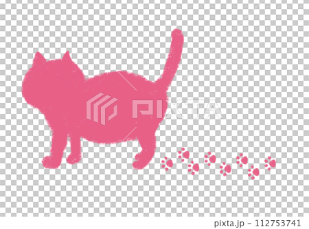 歩く猫のシルエット 足跡 クレヨンタッチ　ピンク 112753741