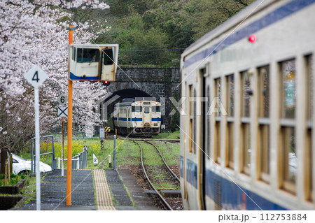 桜満開の駅ですれ違うJR九州キハ47系気動車 桜満開の駅ですれ違うJR九州キハ47系気動車 112753884