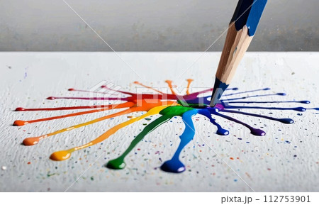AI-generated content. Blue Pencil With Colorful Paint Spill 112753901