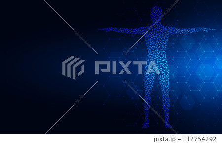 Illustration of the human body with structure molecules DNA. Concept and idea for medicine, healthcare medical, science, and technology Illustration of the human body with structure molecules DNA. Concept and idea for medicine, healthcare medical, science, and technology 112754292
