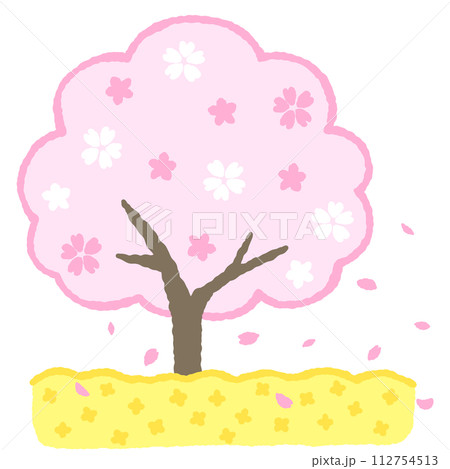 シンプルな桜と菜の花畑のイラスト シンプルな桜と菜の花畑のイラスト 112754513