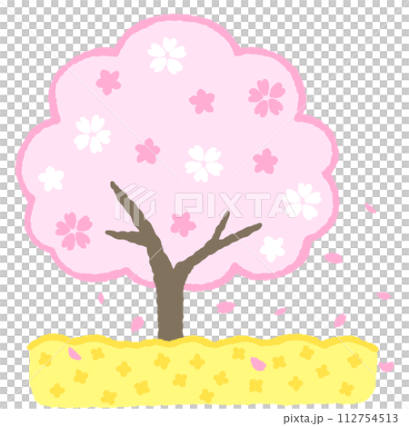 シンプルな桜と菜の花畑のイラスト シンプルな桜と菜の花畑のイラスト 112754513