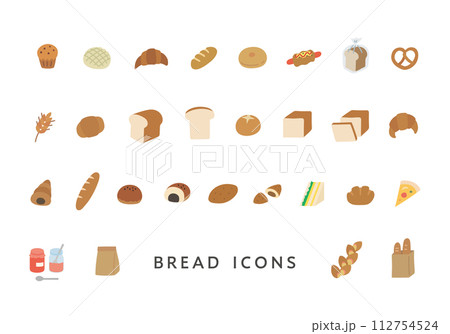 いろんなパンのアイコンセット(フラット) いろんなパンのアイコンセット(フラット) 112754524