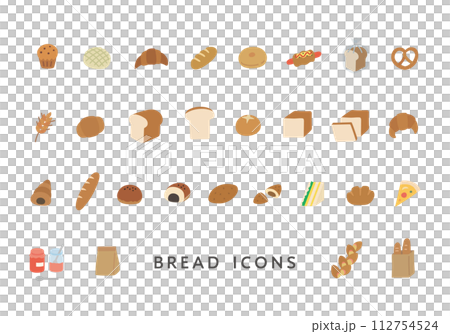 いろんなパンのアイコンセット(フラット) いろんなパンのアイコンセット(フラット) 112754524
