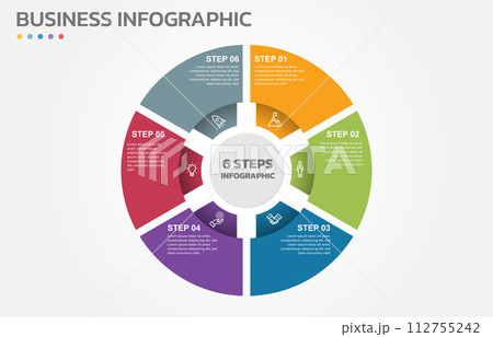 Visual data presentation. Cycle diagram with 6 options. Pie Chart Circle infographic template with 6 steps, options, parts, segments. Business concept. Marketing infographic vector illustration. Visual data presentation. Cycle diagram with 6 options. Pie Chart Circle infographic template with 6 steps, options, parts, segments. Business concept. Marketing infographic vector illustration. 112755242