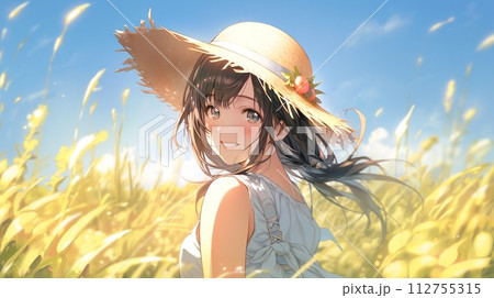 アニメ風帽子女性 麦わら帽子を被った美少女12のイラスト素材 [112755315] - PIXTA