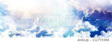 太陽光が彼方から差し込む天国のワイドサイズ風景イラスト 太陽光が彼方から差し込む天国のワイドサイズ風景イラスト 112755566