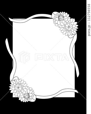 黒線に白色のリボンと2つのデコラティブ咲きのダリアのフレーム（枠付き）Ver.2-1 112756558