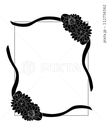 白線に黒色のリボンと2つのデコラティブ咲きのダリアのフレーム（白バック、枠付き）Ver.3-1 112756562