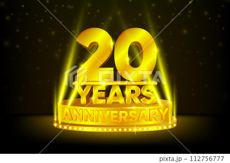 20 Years Anniversary Celebration. Anniversary podium. Anniversaries concept. Gold stage on black background. Vector illustration. 112756777