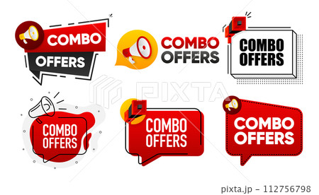 Combo Offers. Megaphone label collection with text. Marketing and promotion. Vector Illustration. 112756798
