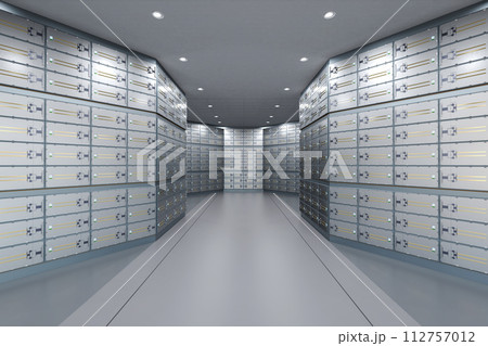 Safe deposit boxes inside bank vault interior Safe deposit boxes inside bank vault interior 112757012