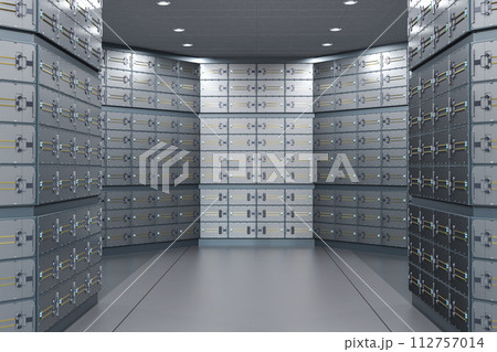 Safe deposit boxes inside bank vault interior Safe deposit boxes inside bank vault interior 112757014