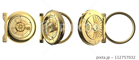 Set of golden bank vault doors close and open isolated on white Set of golden bank vault doors close and open isolated on white 112757032
