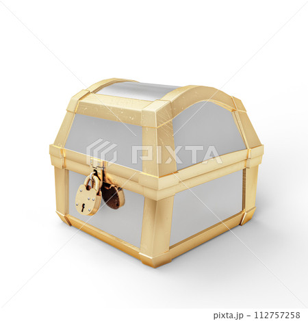 Closed Chest from Gold and Silver with Padlock Isolated on White Background. 3D Illustration. File with Clipping Path. Closed Chest from Gold and Silver with Padlock Isolated on White Background. 3D Illustration. File with Clipping Path. 112757258
