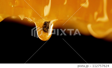 Honey dripping from honeycombs extreme macro.Natural bees wax cells, gold elixir Honey dripping from honeycombs extreme macro.Natural bees wax cells, gold elixir 112757624