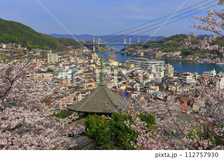 【広島県】桜が満開の天寧寺（三重塔）と尾道の町並み 112757930