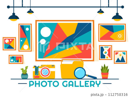 Photo Gallery Vector Illustration for Museum Visitors View Exhibition of Modern Abstract Paintings and Picture in Contemporary in Flat Background Photo Gallery Vector Illustration for Museum Visitors View Exhibition of Modern Abstract Paintings and Picture in Contemporary in Flat Background 112758316