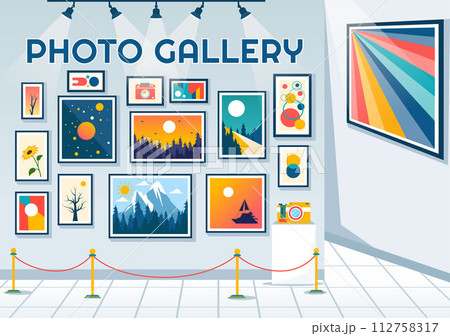 Photo Gallery Vector Illustration for Museum Visitors View Exhibition of Modern Abstract Paintings and Picture in Contemporary in Flat Background Photo Gallery Vector Illustration for Museum Visitors View Exhibition of Modern Abstract Paintings and Picture in Contemporary in Flat Background 112758317