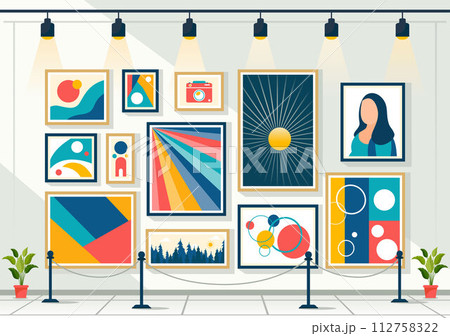 Photo Gallery Vector Illustration for Museum Visitors View Exhibition of Modern Abstract Paintings and Picture in Contemporary in Flat Background Photo Gallery Vector Illustration for Museum Visitors View Exhibition of Modern Abstract Paintings and Picture in Contemporary in Flat Background 112758322