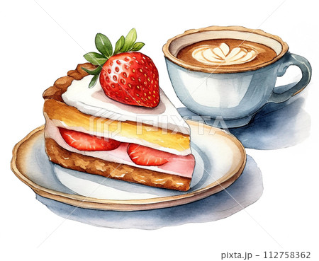 喫茶店の苺のカットケーキとコーヒーのセットのイラスト 白背景の切り抜き 喫茶店の苺のカットケーキとコーヒーのセットのイラスト 白背景の切り抜き 112758362
