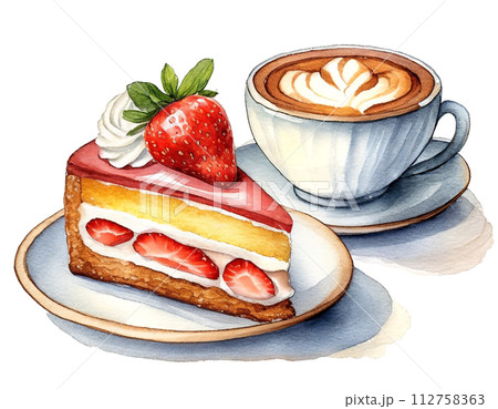 喫茶店の苺のカットケーキとコーヒーのセットのイラスト　白背景の切り抜き 112758363