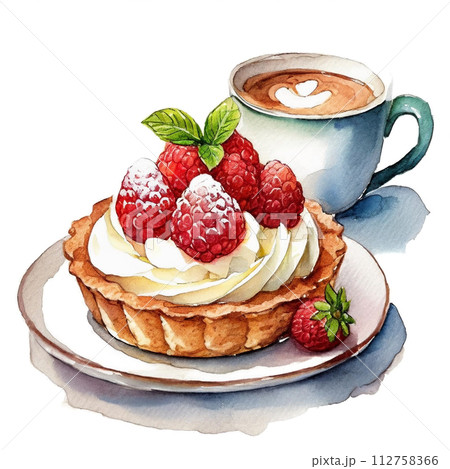 喫茶店の苺タルトとコーヒーのセットのイラスト 白背景の切り抜き 喫茶店の苺タルトとコーヒーのセットのイラスト 白背景の切り抜き 112758366