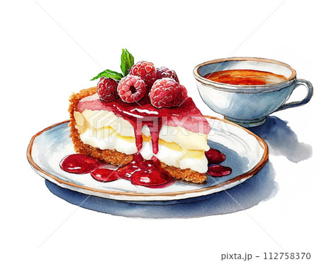 喫茶店の苺のカットケーキと紅茶のセットのイラスト 白背景の切り抜き 喫茶店の苺のカットケーキと紅茶のセットのイラスト 白背景の切り抜き 112758370