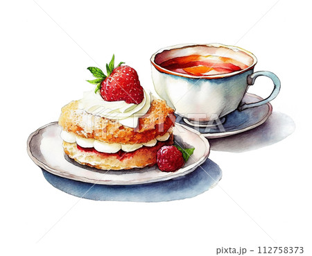 喫茶店のアメリカンショートケーキと紅茶のセットのイラスト　白背景の切り抜き 112758373