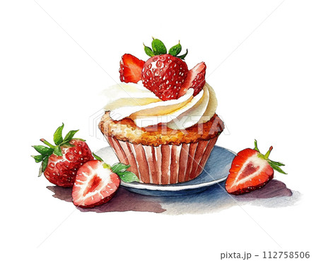 苺のカップケーキのイラスト 白背景の切り抜き 苺のカップケーキのイラスト 白背景の切り抜き 112758506