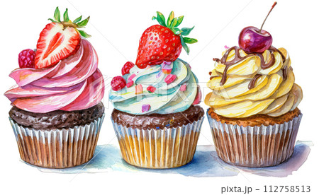 色とりどりのカップケーキのイラスト　白背景の切り抜き 112758513