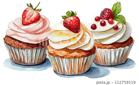 色とりどりのカップケーキのイラスト　白背景の切り抜き 112758519