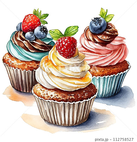 色とりどりのカップケーキのイラスト　白背景の切り抜き 112758527