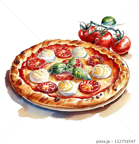 トマトとモッツァレラチーズとバジルのイタリアンピザのイラスト　白背景の切り抜き 112758547