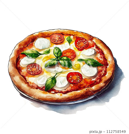 トマトとモッツァレラチーズとバジルのイタリアンピザのイラスト　白背景の切り抜き 112758549