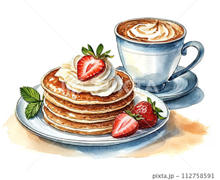 苺と生クリームを乗せたパンケーキのプレートとコーヒーのセットのイラスト 白背景の切り抜き 苺と生クリームを乗せたパンケーキのプレートとコーヒーのセットのイラスト 白背景の切り抜き 112758591