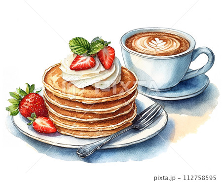 苺と生クリームを乗せたパンケーキのプレートとコーヒーのセット