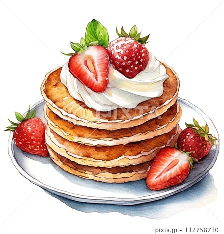 苺と生クリームを乗せたパンケーキのプレートのイラスト　白背景の切り抜き 112758710