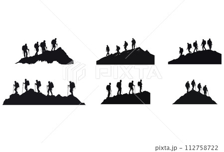 climber hiker people silhouette, Hiker Silhouettes, hiking man with rucksacks silhouette. People with backpack vector silhouettes. 112758722