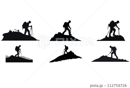 Hiker sanding on a hill silhouette, Hiker Silhouettes, hiking man with rucksacks silhouette. People with backpack vector silhouettes. 112758726