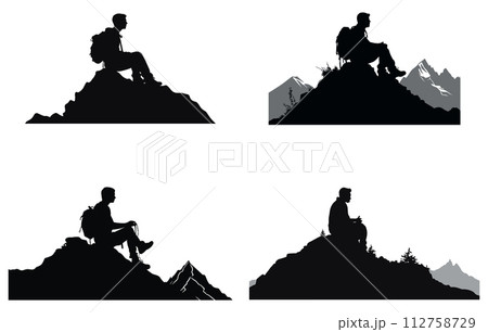Hiker sitting on a hill silhouette, Hiker Silhouettes, hiking man with rucksacks silhouette. People with backpack vector silhouettes. 112758729