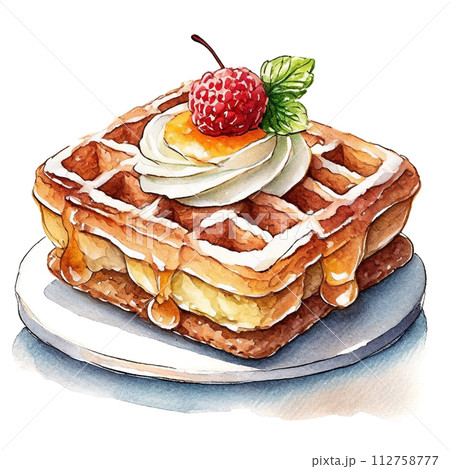 生クリームとベリーを乗せたワッフルのイラスト 白背景の切り抜きの