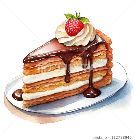 カットしたチョコレートケーキのイラスト　白背景の切り抜き 112758940