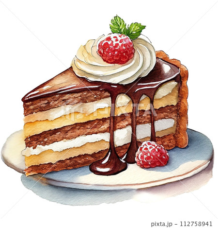 カットしたチョコレートケーキのイラスト　白背景の切り抜き 112758941