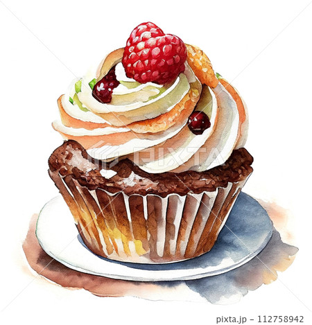 チョコレートとラズベリーのカップケーキのイラスト　白背景の切り抜き 112758942