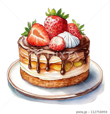 苺とチョコレートのデコレーションケーキのイラスト　白背景の切り抜き 112758959