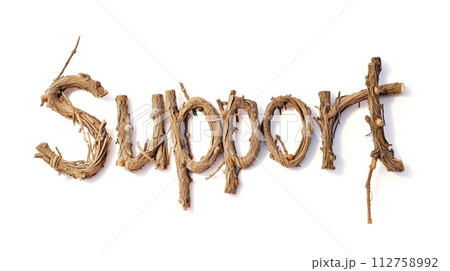 AI-generated content. The Word Support created in Oak Twig Letters. Decorative lettering of the word Support. Help and Assistance Concept. Creative postcard. Ai Generated Digital art poster. 112758992