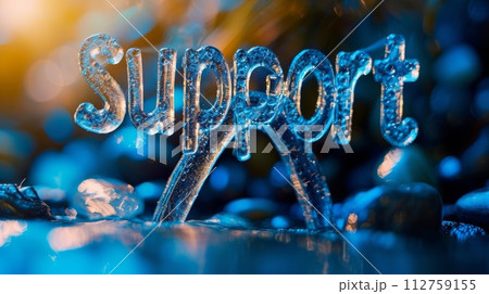 AI-generated content. Blue Glass Support concept creative horizontal art poster. The Word Support made in textured lettering. Horizontal Illustration. Ai Generated Help and Assistance Symbol. 112759155